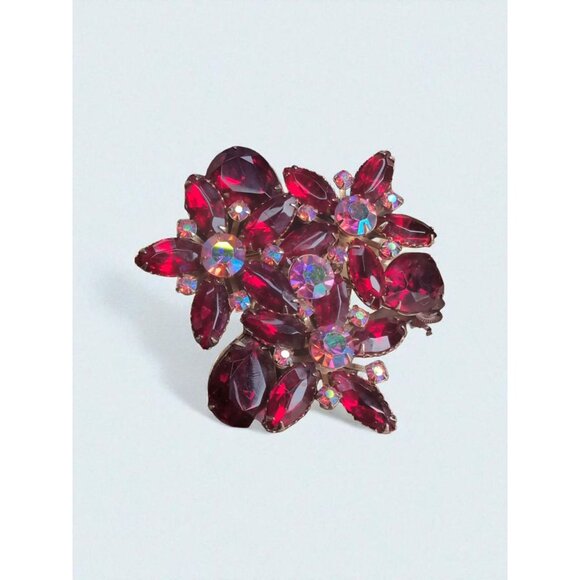 Vintage 1950s Ruby Red Rhinestone Floral Brooch Riveted Back Aurora Borealis Acc - Picture 1 of 2